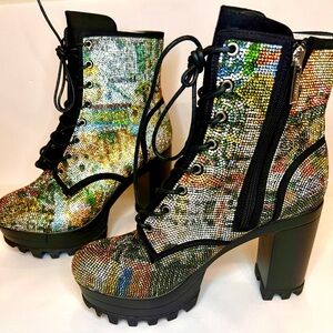 Rhinestone 5” Platform Combat Boots - Embellished Multicolor Diamond Encrusted